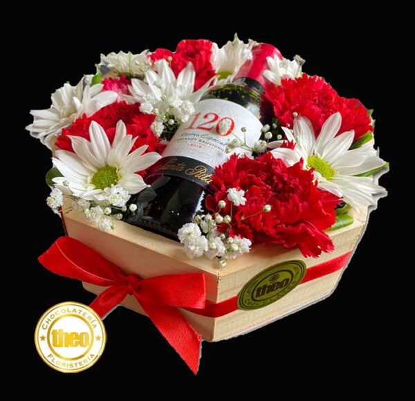 Caja-de-flores-con-claveles-y-margaritas-vino-miniatura-
